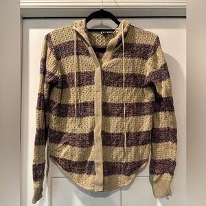 Roxy Hooded Striped Cardigan Sweater in Beige and Multicolored Stripes